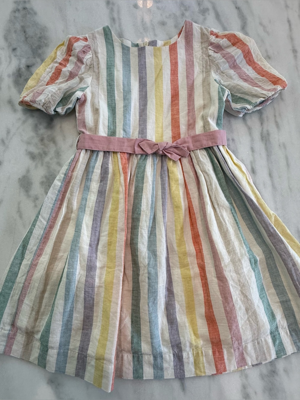 Mini Boden Pastel Rainbow Striped Dress with Pink Belt